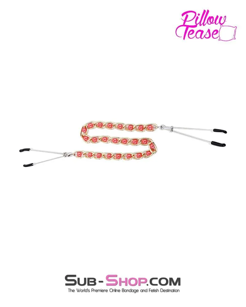 1488RS-CB      Pink Beaded Gold Standard Beaded Jewel Tweezer Cock and Ball Clamps