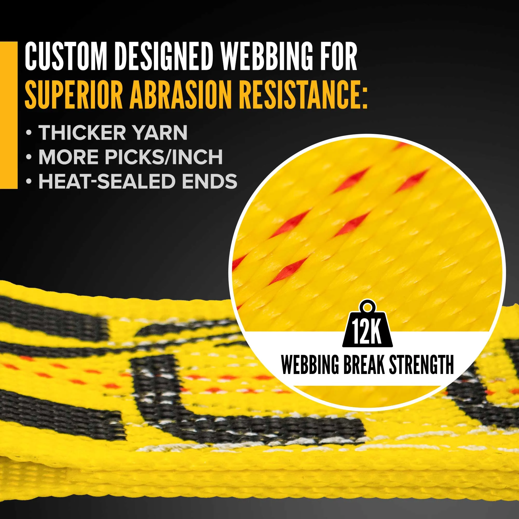 2" x 12' Tow Truck Ratchet Strap - E-Fitting / RTJ Cluster Hook | Yellow