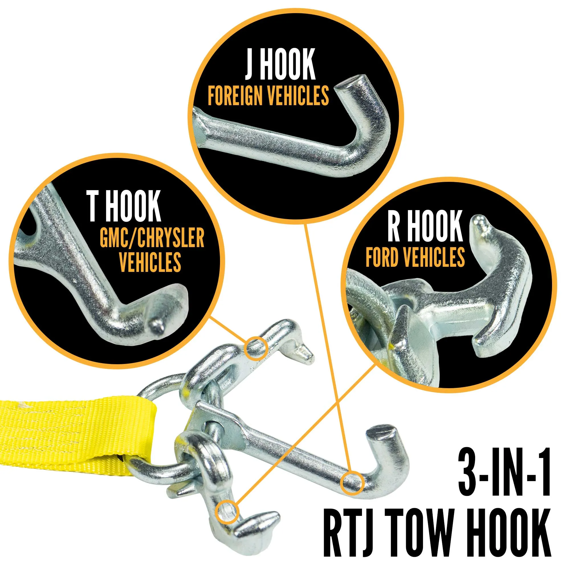 2" x 12' Tow Truck Ratchet Strap - E-Fitting / RTJ Cluster Hook | Yellow