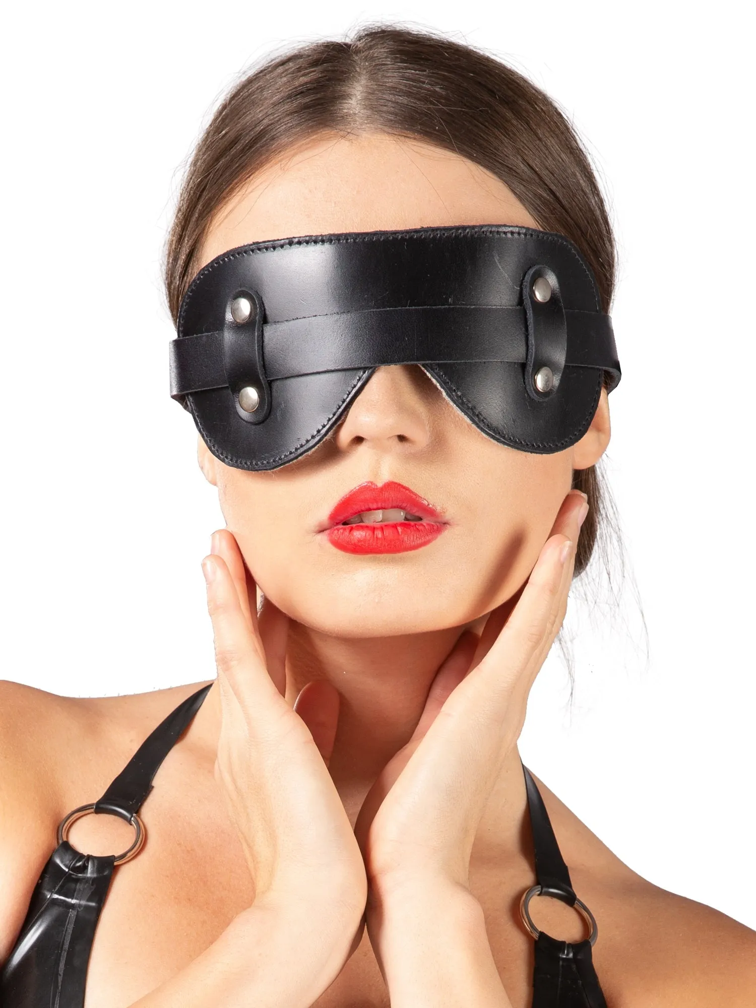 Black Fur Lined Leather Blindfold - One Size
