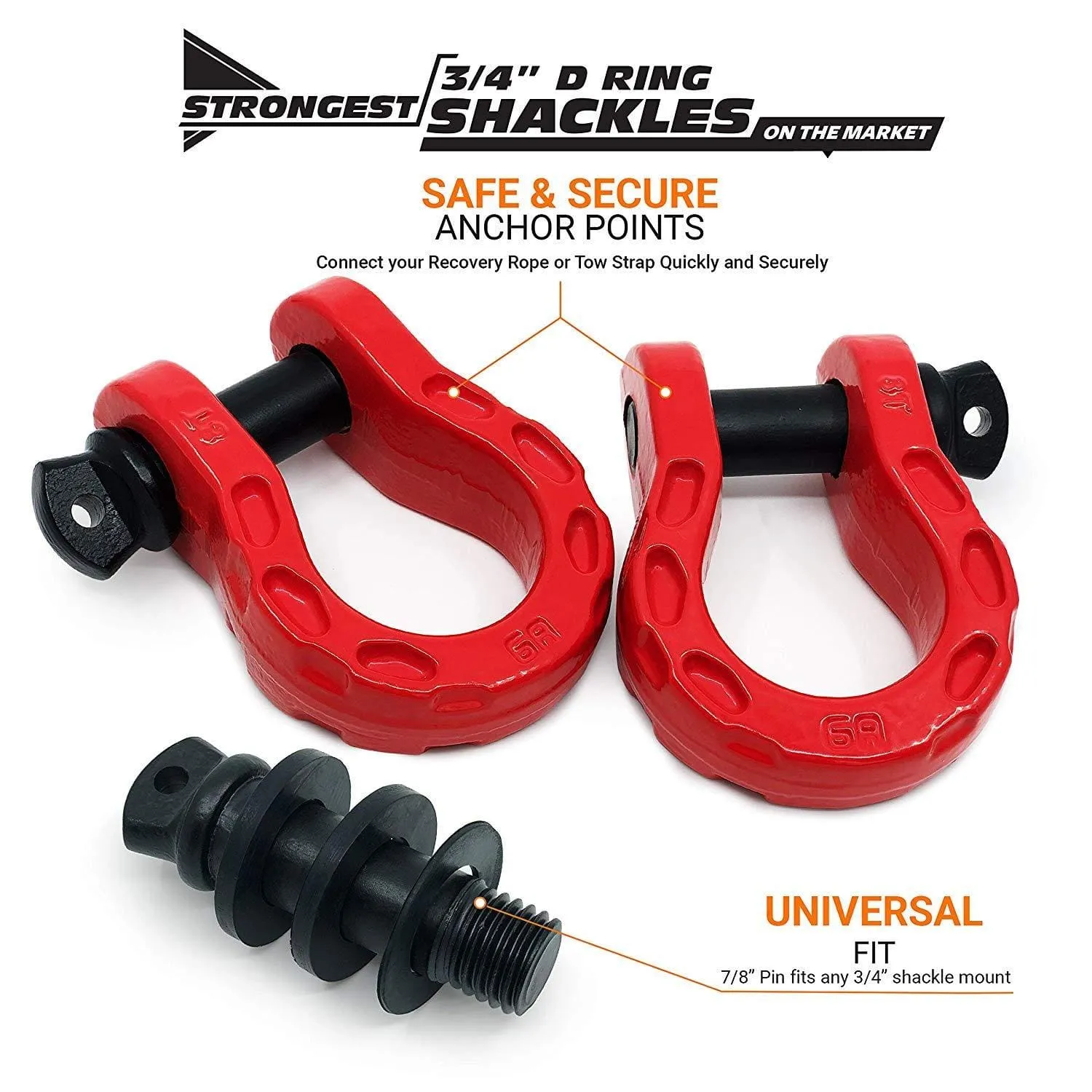 GearAmerica Mega Duty D Ring Shackles Red (2PK) | 68000 lbs (34 Ton) Tested Strength | 3/4" Shackle   7/8 Pin   Washers| Securely Connect Tow Strap or Winch Rope to your Jeep for Off-Road 4x4 Recovery