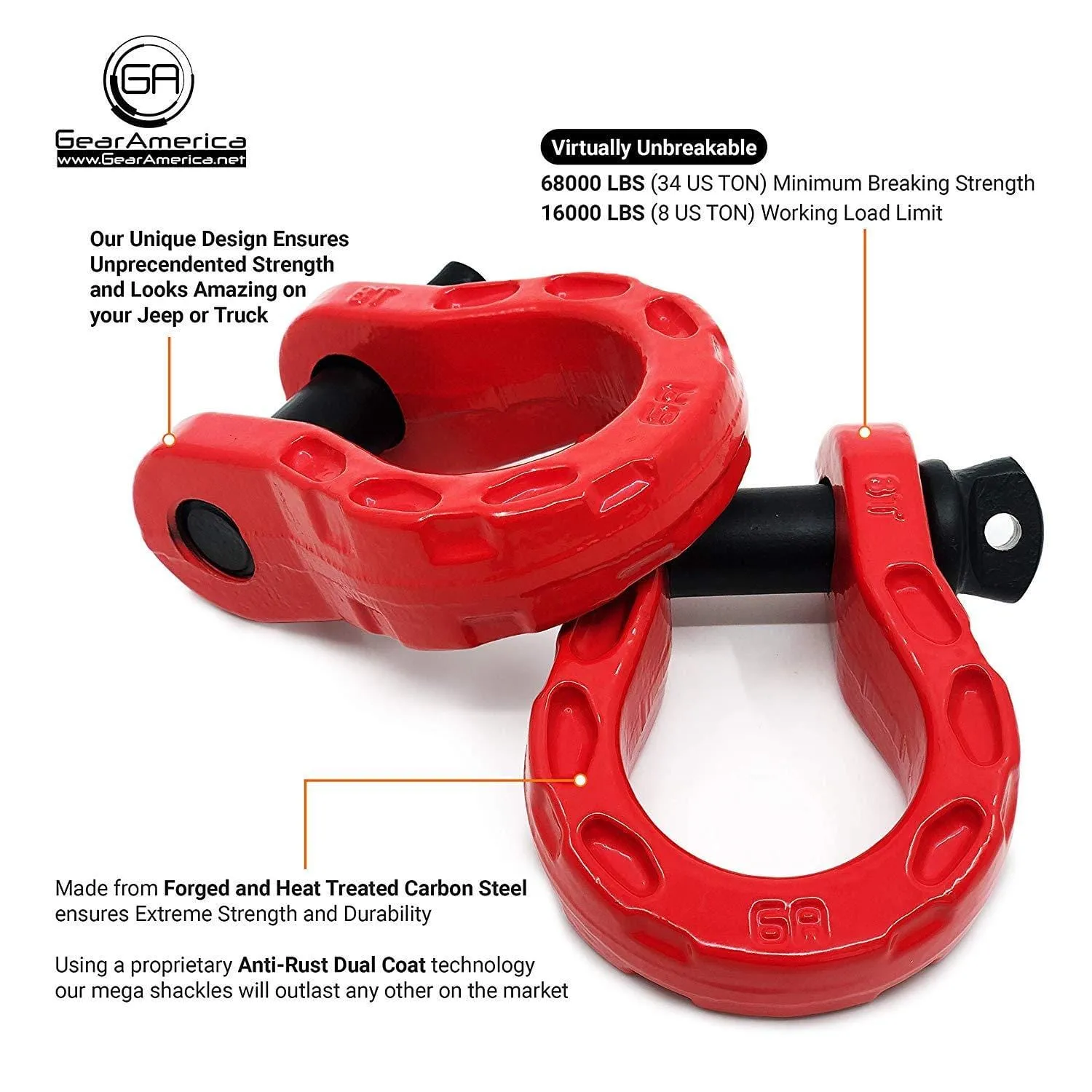 GearAmerica Mega Duty D Ring Shackles Red (2PK) | 68000 lbs (34 Ton) Tested Strength | 3/4" Shackle   7/8 Pin   Washers| Securely Connect Tow Strap or Winch Rope to your Jeep for Off-Road 4x4 Recovery