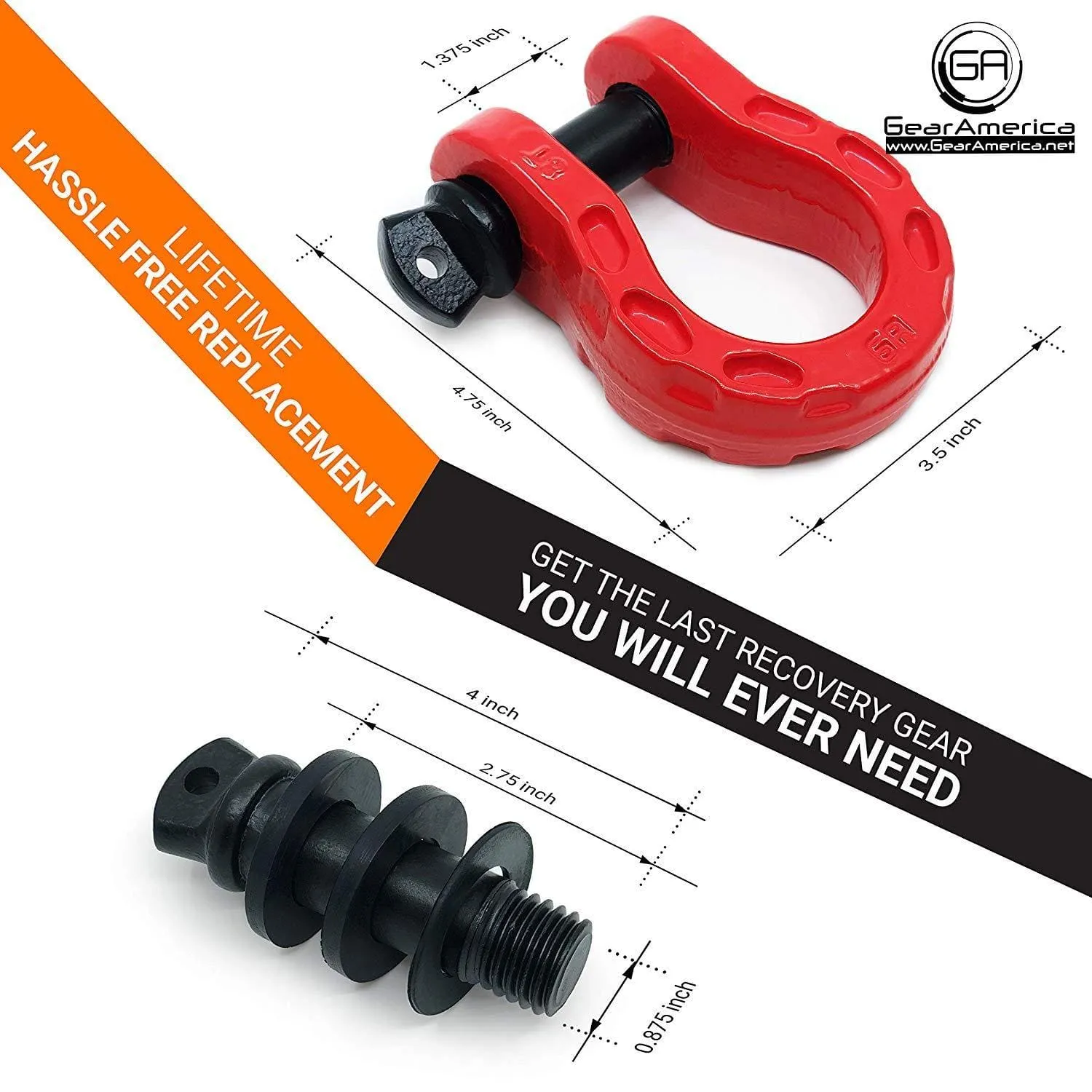 GearAmerica Mega Duty D Ring Shackles Red (2PK) | 68000 lbs (34 Ton) Tested Strength | 3/4" Shackle   7/8 Pin   Washers| Securely Connect Tow Strap or Winch Rope to your Jeep for Off-Road 4x4 Recovery