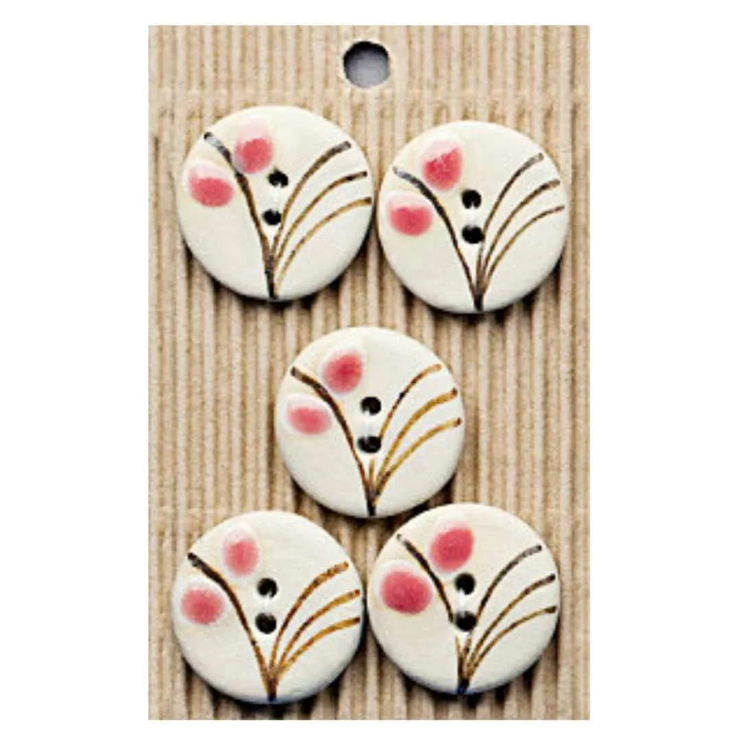 Handmade Buttons Pink Floral Grass - Set of 5 (L297)