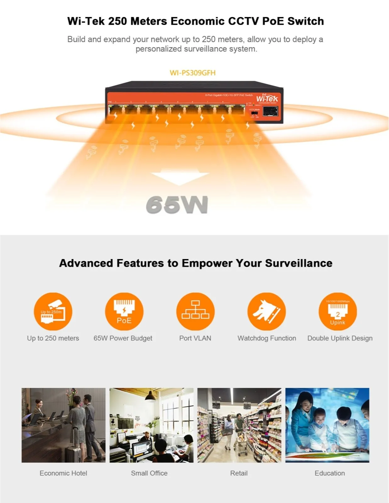 Network Switch, PoE, 8 1 Port, 65W