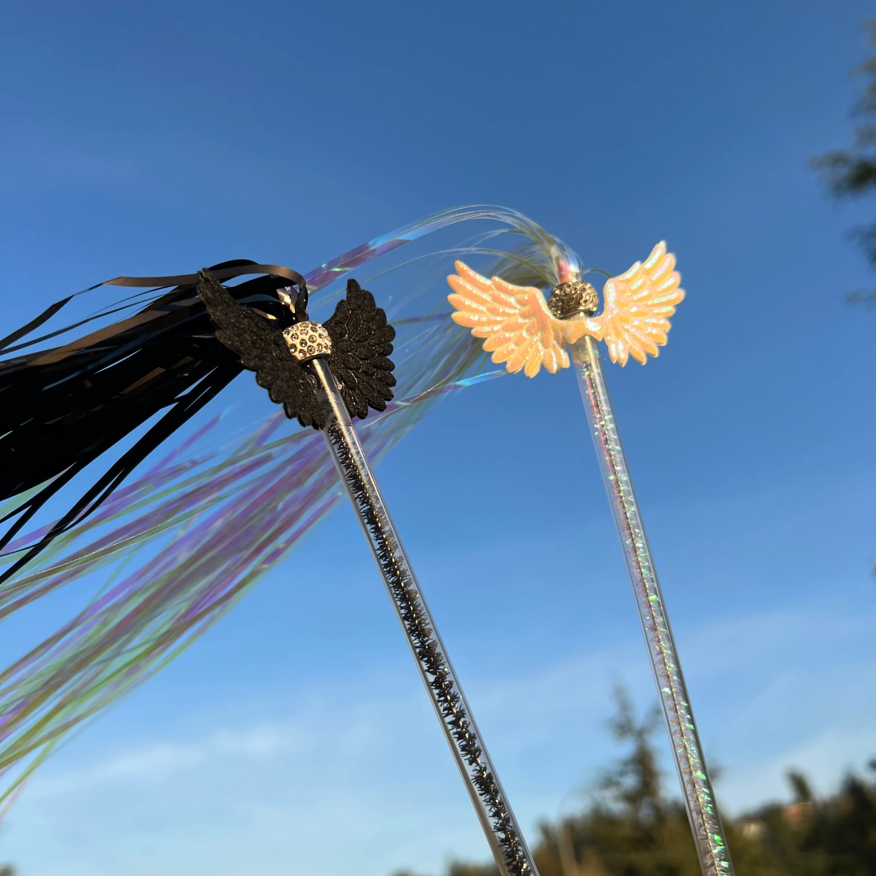 White & Black Angle Wing Teaser Wand Toy with Strings for Cats