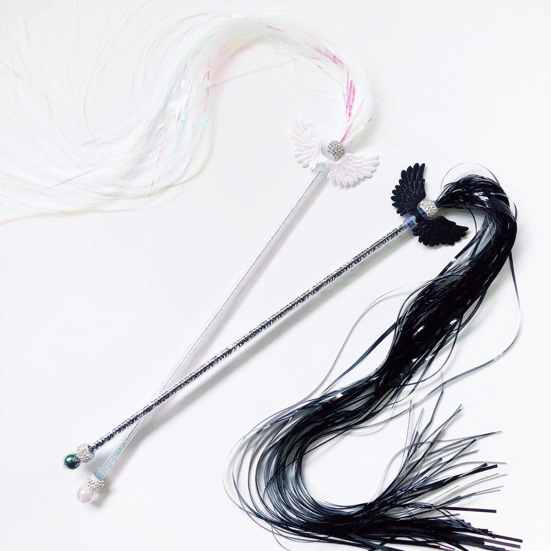 White & Black Angle Wing Teaser Wand Toy with Strings for Cats